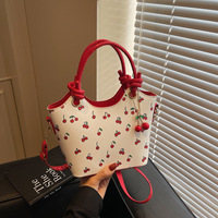 Tas Selempang Kulit PU Motif Ceri Lucu untuk Wanita, Tas Jinjing Kecil, Tas Bahu dengan Liontin
