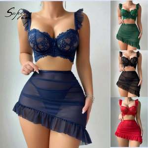 Sfy4118 Sexy Perspective Hollow Flower Lace Sleeveless Sexy Short <b>Skirt</b> Women's Fun Dress Women's Sleepwear <b>Lingerie</b> Sets - Product Image 2