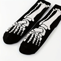 Vente en gros de chaussettes graphiques squelettes noires effrayantes Costume drôle Chaussettes d'équipage d'Halloween pour hommes