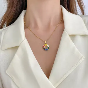 Colar de ouro 18K zirconita pingente de disco de seis cores anel de aço inoxidável banhado estilo moderno para casamento ou presente