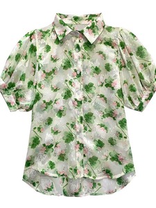 Camicia da donna estiva manica a bolle con stampa floreale ricamata da donna temperamento camicetta verde - Product Image 5
