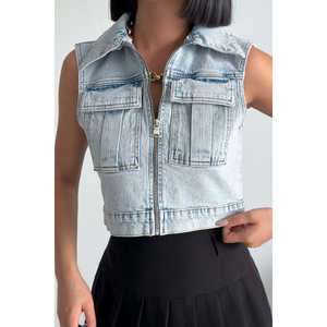 Chaleco Vaquero Mini Vintage con Cremallera, Tejido de Ganchillo, Estilo Sexy, Lavado, con Decoración de Botones y Logotipo, Relleno de Algodón - Product Image 2