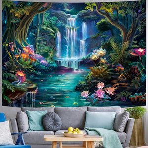 Tapiz de Poliéster con Diseño de Cascada en un Bosque Azul Fantástico, Decoración de Pared Impresa, Lavable a Máquina, Venta al Por Mayor - Product Image 1