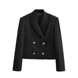 Damen 2024 Modische Doppelreihige Langarm-Bürojacke V-Ausschnitt Stickerei Perlen Feder Einfarbiges Muster Knopfverschluss - Product Image 1