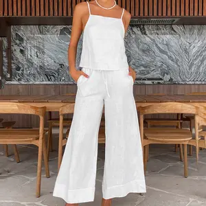 Custom Summer Clothing Two Piece Cotton Linen Vest And Trousers Sets Fashion White Backless Holiday Casual Hemp Outfits
