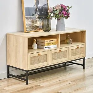 Meuble Tv moderne en bois et rotin avec 3 tiroirs et une étagère de rangement pour le salon, Direct d'usine, Offre Spéciale