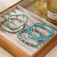 Lot de 5 Bracelets Extensibles pour Hommes, Style Western Cowboy Vintage, Turquoise, Perles en Fer Électroplaqué, Tendance Transfrontalière