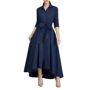 Navy Blue Bowknot Button Down Long Dress Women Casual