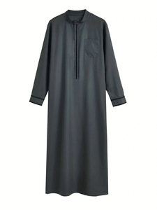 CCY 2026 Qamis Homme Arabe Saoudien Gris, style Boubou, Kaftan, Jubba Islamique, Thobe Musulman, Abaya, à col montant, manches longues avec poche - Product Image 2