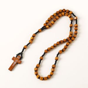 Catholic Cross Rosary Necklace 8 * 8 Square Wooden Beads Pendant Worn on the Head <b>Easter</b> Christmas <b>Ornaments</b> Wholesale - Product Image 3