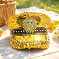 Chapeau de Capitaine Personnalisé Unisexe Décontracté de Plage avec Tête de Lion à Paillettes Dorées et Strass, Fournitures de Fête de Luxe pour Burning Man, Vente en Gros, MOQ 3