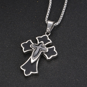 <b>Cross</b> Pendant Necklace Stainless Steel Black Enamel Geometric Design Men's Fashion Jewelry SP406 - Product Image 3