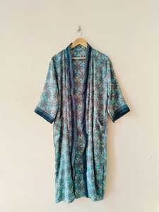 Robe kimono en soie pour femme, imprimé floral bohème, col en V, manches trois quarts, coupe ample, respirante, tissée, pour l'été, longueur midi - Product Image 4