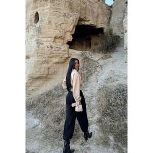 Veste en cuir crème à double boutonnage avec doublure en lin matelassée réversible – Manteau court en polyester pour l'automne, le printemps et l'hiver - Product Image 1