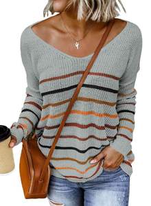 Renk blok çizgili V boyun uzun kollu örgü Casual tunik kazak Tops - Product Image 2