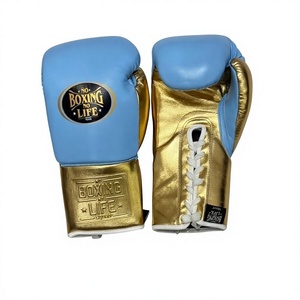 Wholesale No Boxing No Life Skyblue & Gold Real Cowhide <b>Leather</b> MMA Training Boxing Gloves Lace-Up Unisex Lightweight Breathable - Product Image 6