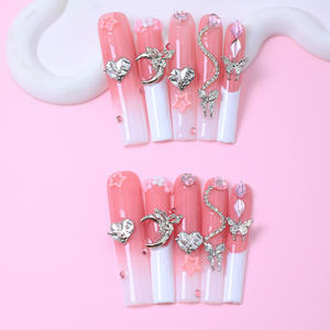 Uñas postizas acrílicas de lujo al por mayor, largas, con forma de ataúd, con estrellas y mariposas, puntas francesas para dedos - Product Image 1