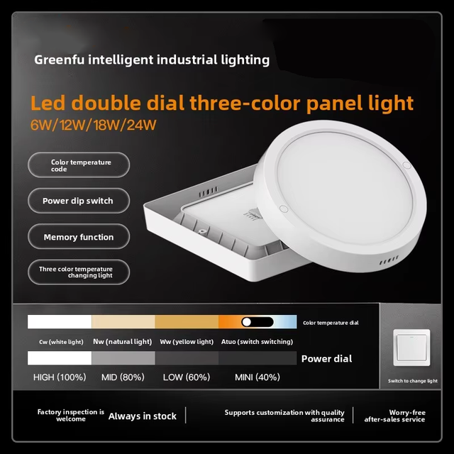 New LED Dual-dip-switch Tri-color Dimmable Surface-mounted 6W/12W/18W/24W Led Ceiling Panel Light for Hallways Corridors