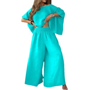 Damen Casual Vacation Style Sommer kragen Short Top High Waist Loose Pants 2-teiliges Set - Product Image 1
