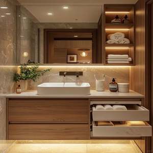 Mueble de Baño de Diseño Moderno con Gabinete de Madera, Cajones Montados en la Pared, Mueble de Pizarra con Espejo LED para Almacenamiento en el Baño - Product Image 1