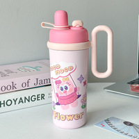 Bouteille d'eau isotherme en acier inoxydable de 700 ml pour enfants, avec poignée, motif dessin animé, grande capacité, mignonne, avec double paille