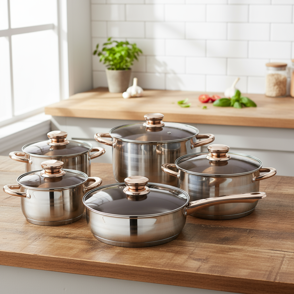 12pcs Modern Eco-Friendly Stainless Steel Cookware Set Cooking Pots and Pans Frying Pan Stock Pot Sauce Pan