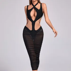 Donne Halter Neck Cross Design Black Bodycon Party Club Cutout Mesh Sexy Cut Out Midi Bandage Dress