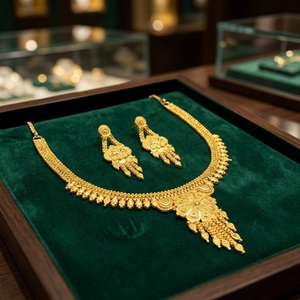 Conjunto de Collar y Pendientes de Latón Chapado en Oro de 14K, 18K, 24K con Diseño Floral Tradicional para Boda de Mujer, Venta al por Mayor - Product Image 3