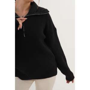 Pull en tricot à col zippé Thessaloniki noir pour femme, manches longues, anti-boulochage, style normcore minimaliste - Product Image 3