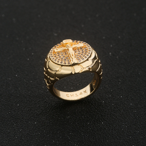 Anello da Uomo Personalizzabile in Ottone Placcato Oro 14K, Stile Hip Hop con Croce e Zirconi, Crocifisso di Gesù, Impermeabile - Product Image 5