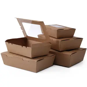 Hot sale kraft paper take-out boxes with compartments takeaway food packaging paper box with transparent lid