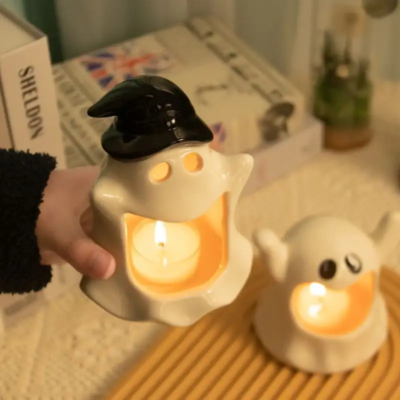 Personalizado Engraçado Bonito Fantasma Candlestick Candle Holder Halloween Cerâmica Vela Jar