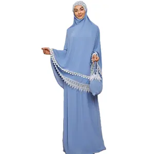 2022 Nieuwe Mode Vrouwen Islamitische Kleding Een Kant Botsende Twee Stuk Zondag Pak Moslim Maxi Jurk Casual Lange Abaya dubai Jurken