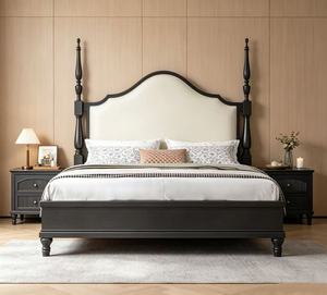 Cama de cuatro postes tamaño queen premium de madera negra con cabecero curvo tapizado en beige para dormitorio - Product Image 4