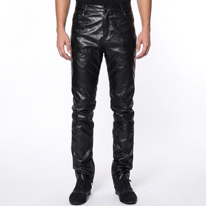 High Quality Men's Casual Straight Button Fly Plain Dyed Lightweight Breathable High Waist <b>Knitted</b> Leather Pants Custom Logo - Product Image 1