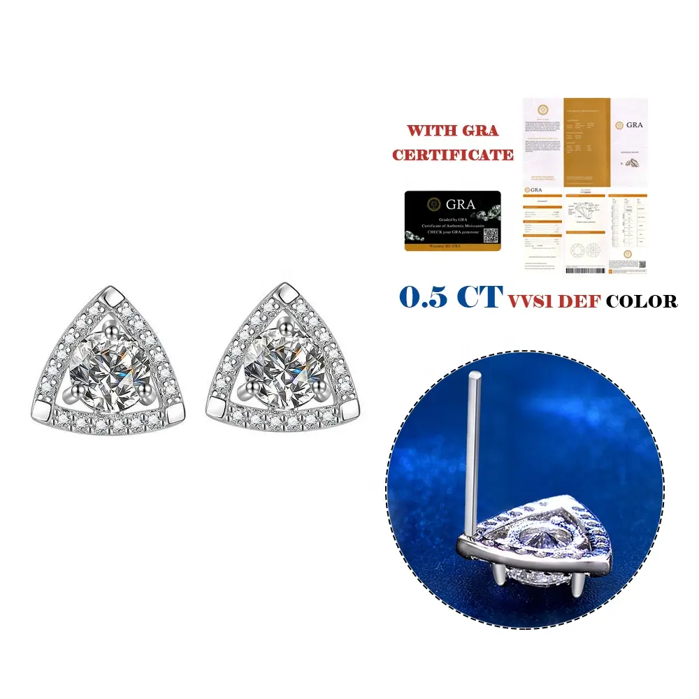 Brincos hipoalergênicos de prata esterlina 925 Moissanite Premium 8A, corte redondo, brincos triangulares para mulheres e homens, novidade