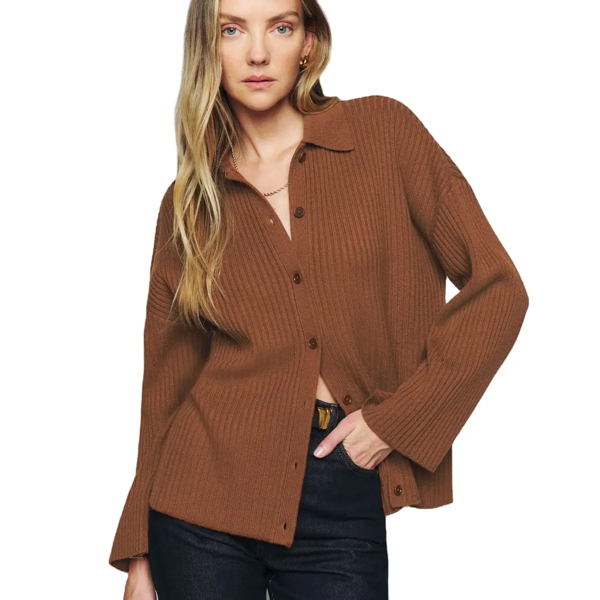 Cashmere Collared Cardigan Long Sleeve Relaxed Fit Knitted Cardigan Soft Hand Feel Cashmere Sweater