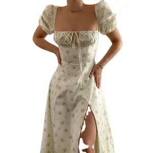 2023 여자의 봄 새로운 인쇄 프랑스 꽃 오픈 백 슬림 스플릿 슬링 드레스