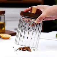 Bocal en verre borosilicate à nervures verticales avec couvercle en bois d'acacia et cuillère en bois, compatible micro-ondes, récipient de stockage alimentaire moderne