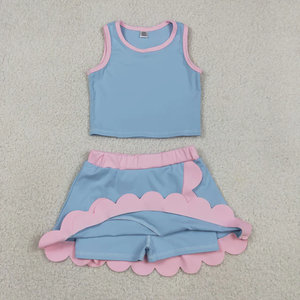 ชุดโยคะเด็กฤดูร้อนราคาโรงงานขายส่ง ชุดโยคะสีน้ำเงินแบบไม่มีแขน เสื้อ+กระโปรงสั้นสำหรับเด็กผู้หญิง - Product Image 6