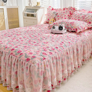 Jupe de <span class=keywords><strong>lit</strong></span> 100 % coton à imprimé floral, style princesse, avec dentelle, ensemble trois pièces pour filles, épaissi, <span class=keywords><strong>matelassé</strong></span>, antidérapant, style ajusté - Product Image 3
