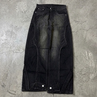 Jeans personnalisés à jambe large pour hommes, avec boutons et sangles, ourlet évasé, effet usé, délavé, denim avant-gardiste, OEM ODM, faible MOQ, vente en gros directe usine