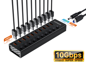 Portable 10-Port <strong>USB</strong> <strong>3.0</strong> 3.2 Hub <strong>USB</strong> 10Gbps Data Hub Splitter with Individual LED On/Off <strong>Switcher</strong> 12V4A Power Adapter for Laptop - Product Image 1