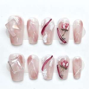 Diseño #330, pintura a mano pura, <span class=keywords><strong>rosas</strong></span>, arte de <span class=keywords><strong>uñas</strong></span>, prensa de alta calidad <span class=keywords><strong>en</strong></span> <span class=keywords><strong>uñas</strong></span> de Gel, <span class=keywords><strong>uñas</strong></span> artificiales cortas acrílicas hechas a mano para niñas - Product Image 3