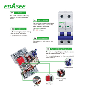 <span class=keywords><strong>Disjoncteur</strong></span> miniature EBASEE pour rail DIN, 1P 2P 3P 4P, 6kA AC, 20A 25A 32A 63A 6kA 10kA - Product Image 2