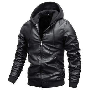 Veste en cuir à capuche noire pour homme, fermeture éclair, vêtements d'extérieur d'hiver, style motard décontracté, veste chaude et tendance pour homme - Product Image 3