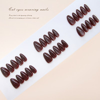 Faux ongles rétro œil-de-chat rouge confiture d'aubépine, pour nail art quotidien/soir, fixation sécurisée