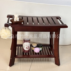 Étagère de salle de bain, tabouret de douche 60x30x45cm, en bois massif, multifonctionnel avec étagère de rangement, rouge vin, marron - Product Image 1
