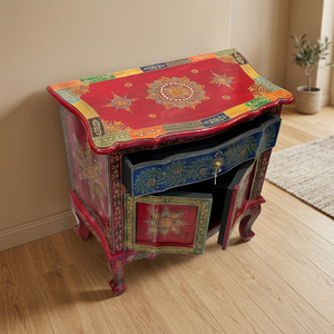 Armoire de chevet en bois artisanale Nirmala Handicrafts, motifs ethniques peints à la main |   Tiroirs multifonctions écologiques modernes - Product Image 1