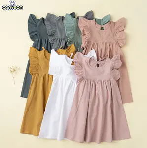 Conyson Robe à manches volantes pour bébé fille Robe salopette à nouer Couleur unie barbe à papa Vêtements décontractés pour enfants Robe d'été 2024